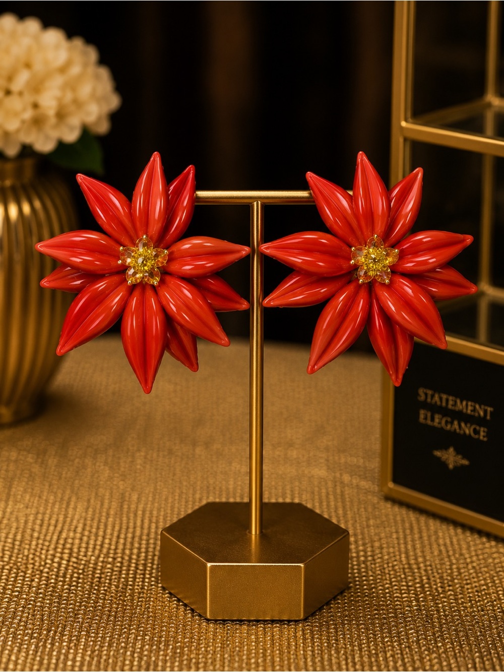Orange Floral Statement Clip-On Earrings